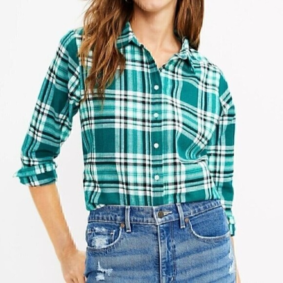 LOFT Tops - NWT  LOFT  Green Teal & White Plaid Flannel Shirt - XS